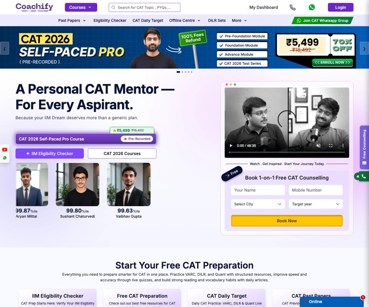 CoachifyLive CAT preparation platform homepage