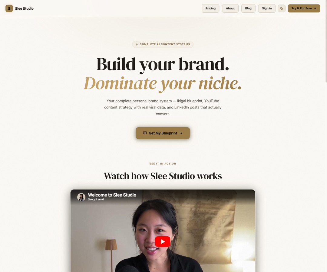 Slee Studio platform homepage for Sandy Lee AI