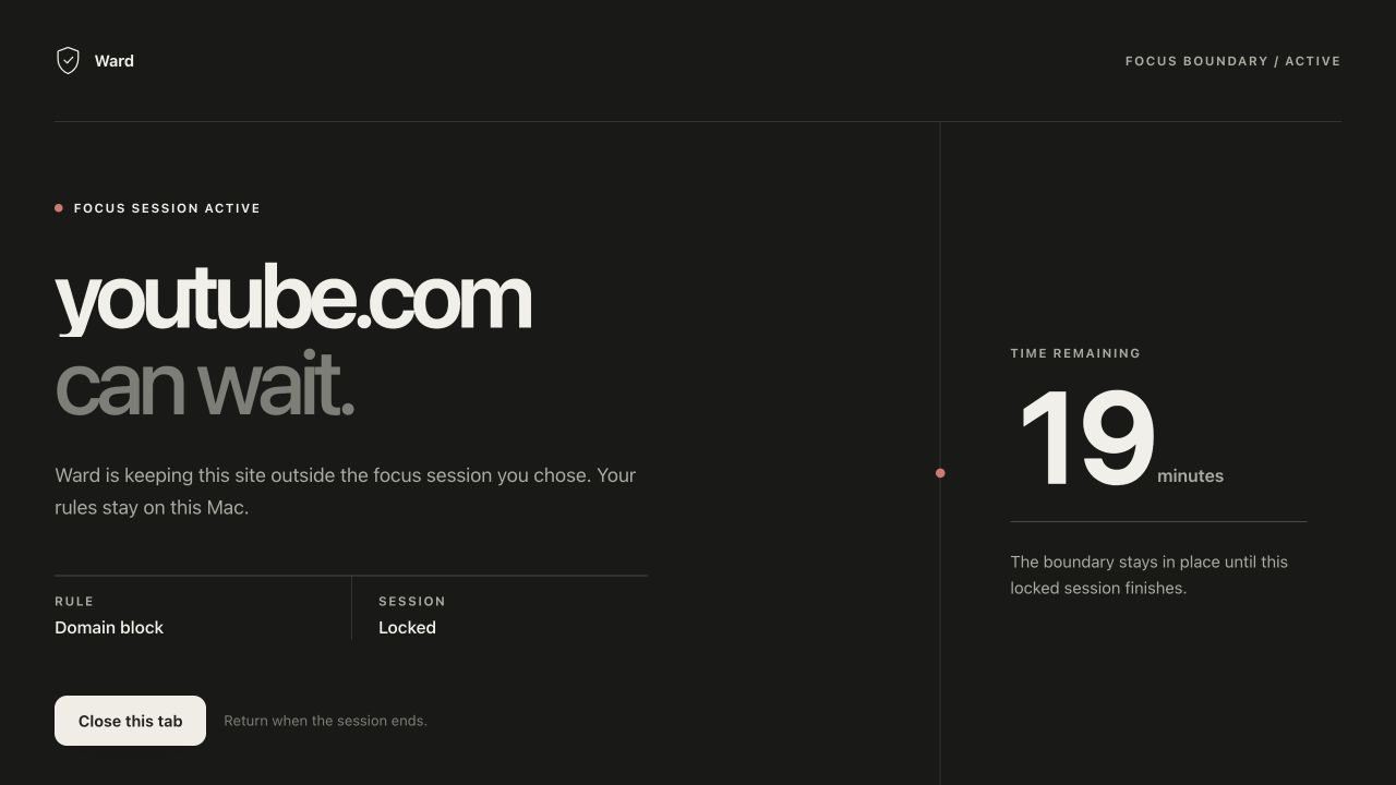 Ward browser protection page blocking a YouTube navigation